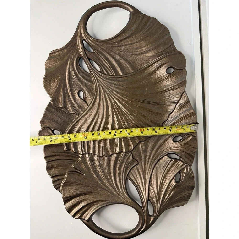 Decorative Ginkgo Leaf Serving Tray Bronze Copper Tone Metal Cutout Handles 16”